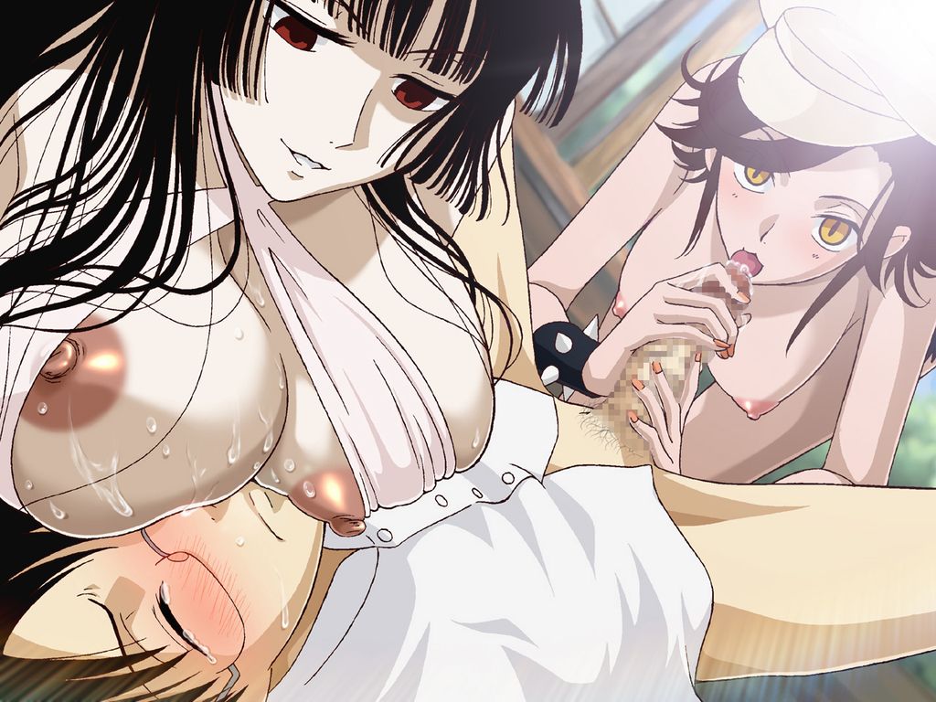 katei saien (kate sai), ichihara yuuko, watanuki kimihiro, xxxholic, 00s, 1boy, 2girls, breasts, censored, erection, fellatio, glasses, huge breasts, mosaic censoring, multiple girls, nipples, oral, penis