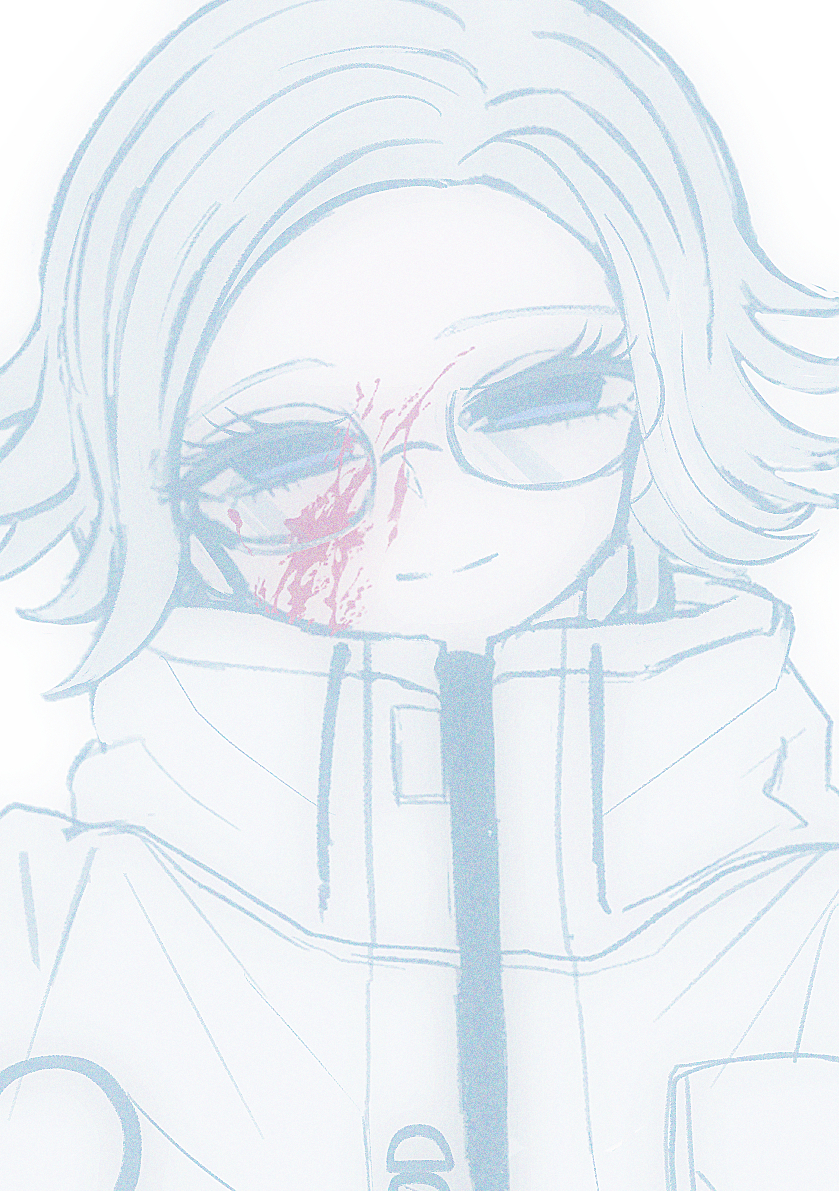 aotsuki eito, the hundred line -last defense academy-, commentary request, 1boy, blood, blood on face, blue eyes, closed mouth, drawstring, eyelashes, glasses, grey hair, high collar, jacket, looking at viewer, male focus, pastel colors, semi-rimless eyewear, short hair, simple background, smile, solo, spot color, upper body, white background, white jacket, yuyuyu (iamyuyuyu93)