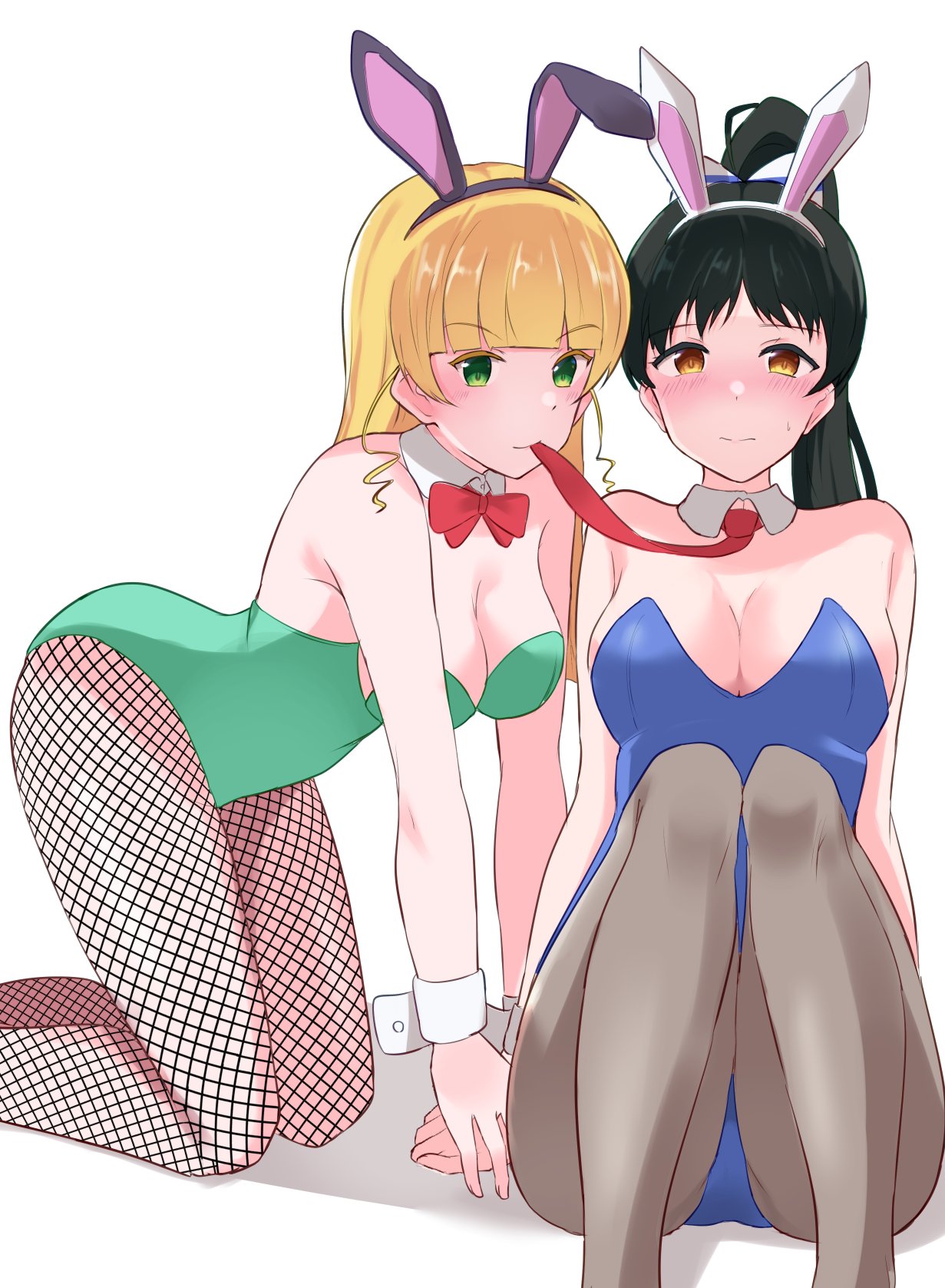 burasuko, hazuki ren, heanna sumire, love live!, love live! superstar!!, highres, 2girls, alternate costume, animal ears, black hair, blonde hair, blue leotard, blush, bow, bowtie, braid, breasts, brown hair, embarrassed, fake animal ears, fishnet pantyhose, fishnets, green eyes, green leotard, high ponytail, kneeling, large breasts, leotard, long hair, looking at viewer, medium breasts, multiple girls, necktie, pantyhose, playboy bunny, ponytail, rabbit ears, red bow, red bowtie, red necktie, single braid, sitting, sweat, white background, wrist cuffs