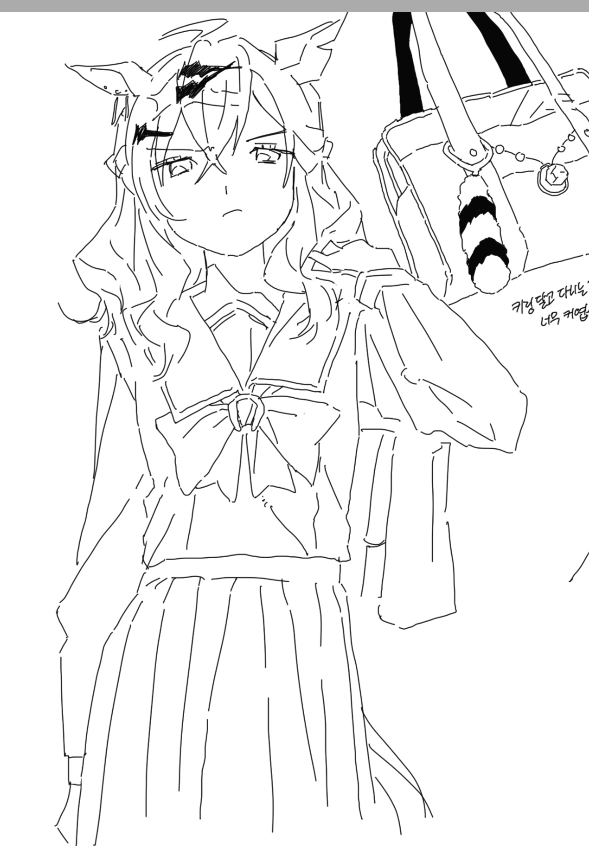 ritoon 0, jungle pocket (umamusume), umamusume, umamusume: beginning of a new era, highres, ahoge, animal ears, arm up, art program in frame, bag, bag charm, border, braid, charm (object), ear ornament, grey border, greyscale, hair between eyes, hair ornament, hairclip, half up braid, half up half down braid, holding, holding bag, horse ears, horse girl, horse tail, korean text, long hair, long sleeves, medium hair, monochrome, notched ear, pleated skirt, sail, sailor collar, sailor shirt, school bag, school uniform, shirt, sidelocks, skirt, tail, tracen school uniform, wrist cuffs