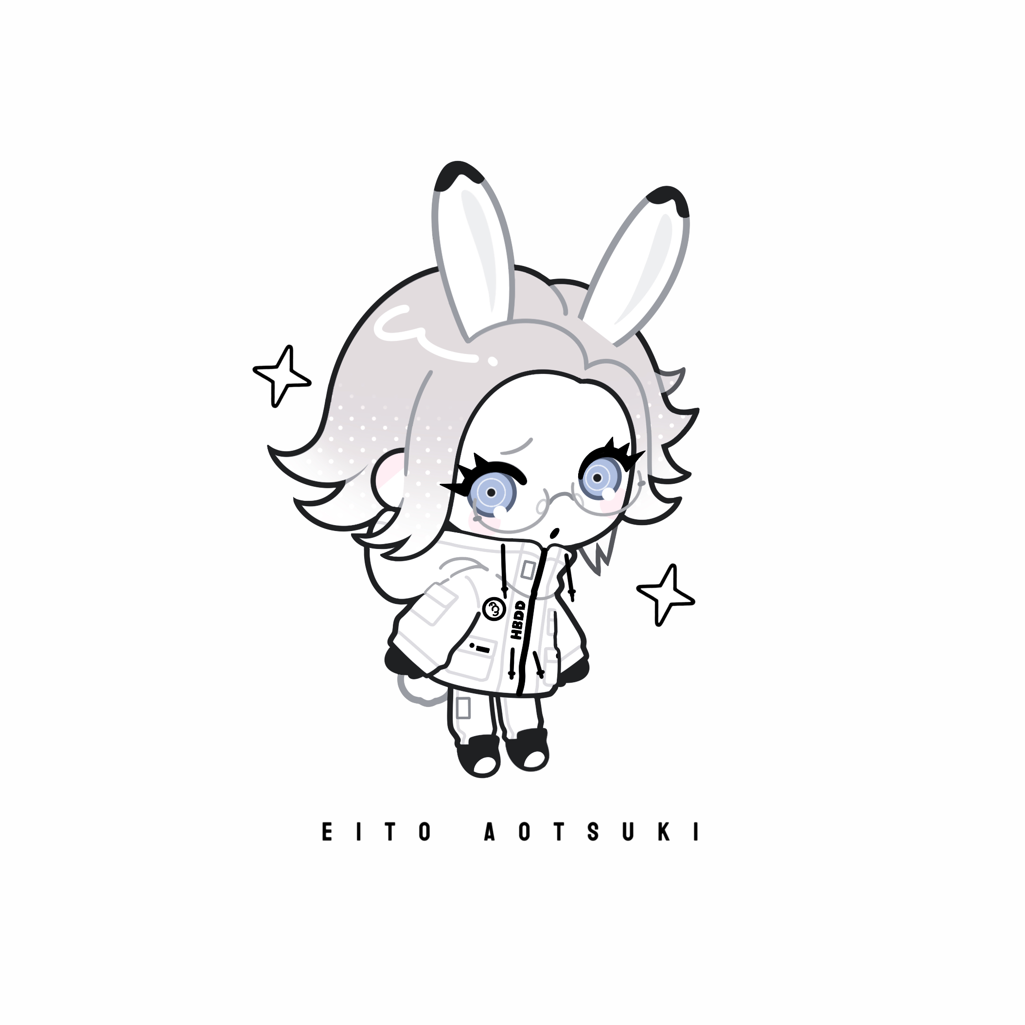 aotsuki eito, the hundred line -last defense academy-, chinese commentary, commentary request, highres, 1boy, :o, animal ears, character name, chibi, chibi only, full body, glasses, gloves, grey eyes, grey hair, jacket, kemonomimi mode, looking at viewer, male focus, rabbit boy, rabbit ears, rabbit tail, short hair, simple background, solo, sparkle, tail, wdhydbkyhl888, white background