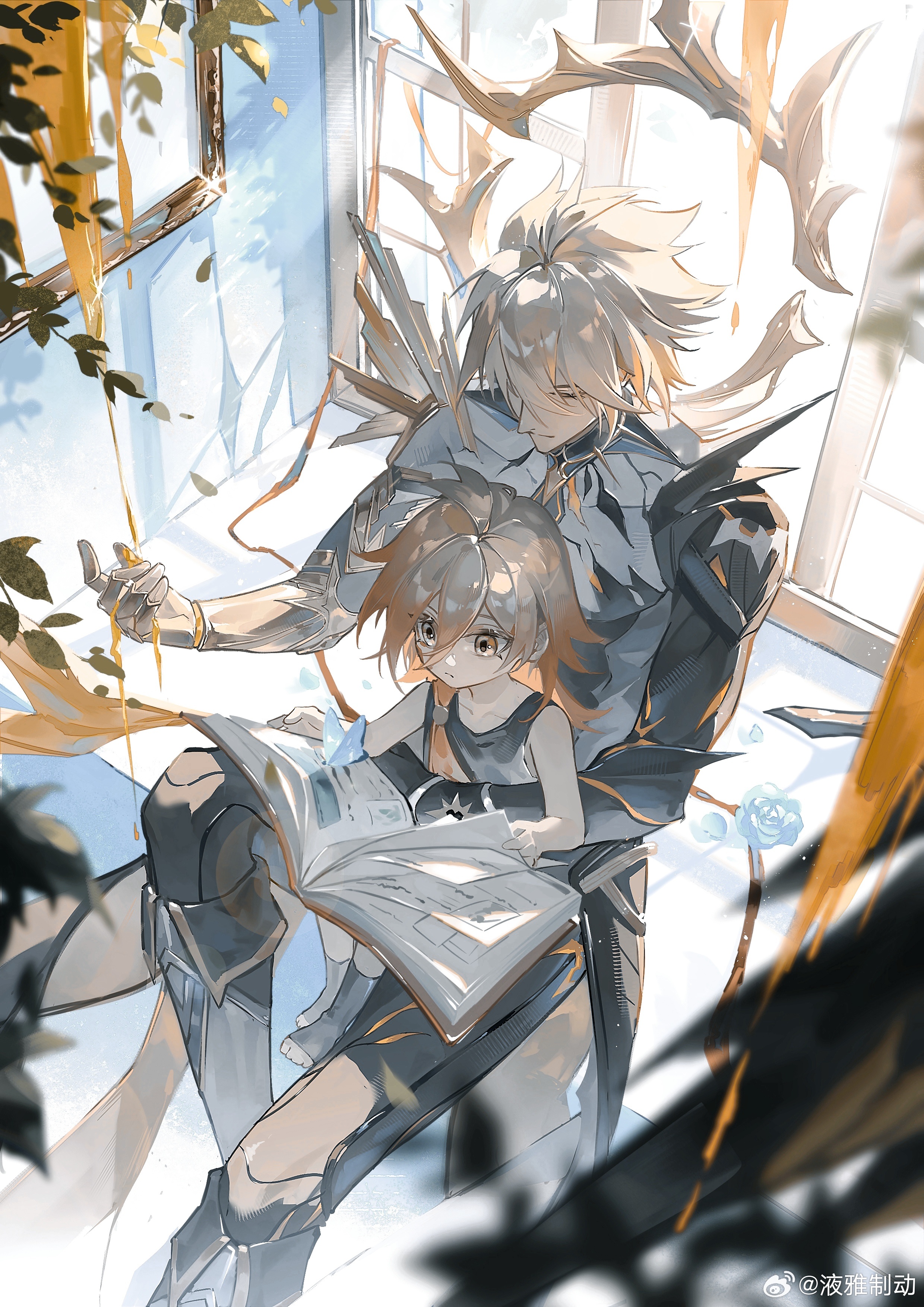 mydei (chrysos chef) (honkai: star rail), mydei (honkai: star rail), phainon (honkai: star rail), phainon (khaslana) (honkai: star rail), honkai: star rail, honkai (series), absurdres, chinese commentary, commentary request, highres, 2boys, aged down, alternate form, black shirt, blonde hair, blood, blood drip, book, braid, cracked skin, facial tattoo, gradient hair, hair between eyes, halo, halo behind head, holding, holding book, male focus, material growth, medium hair, multicolored hair, multiple boys, red hair, red tattoo, shirt, short hair, side braid, sitting, sitting on lap, sitting on person, sleeveless, sleeveless shirt, tattoo, torn clothes, torn shirt, watermark, weibo watermark, ye ya zhi dong, yellow blood, yellow eyes