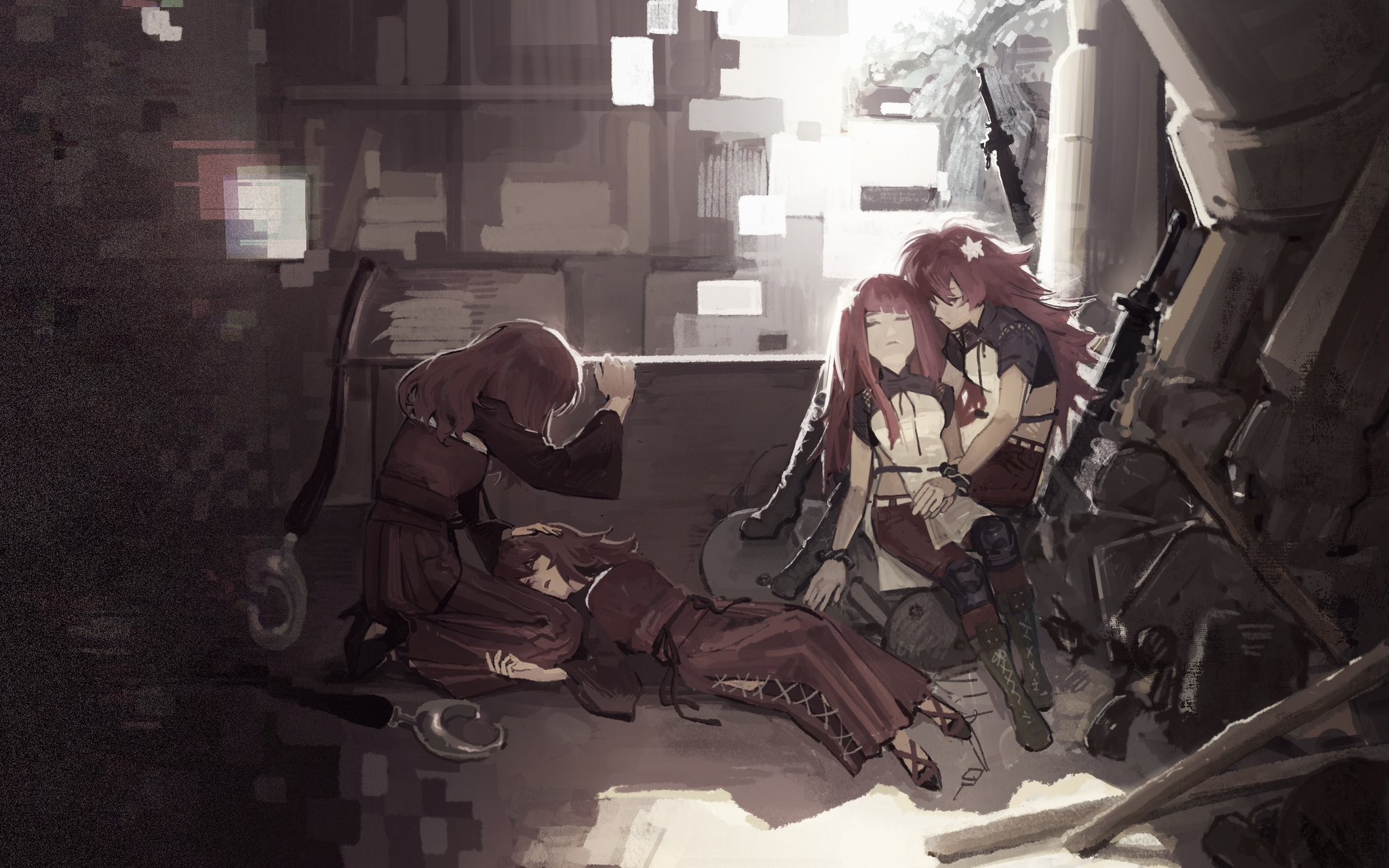 devola, popola, nier, nier:automata, nier (series), highres, 4girls, anmoko0520, dual persona, flower, hair flower, hair ornament, in-franchise crossover, lap pillow, multiple girls, planted, planted sword, planted weapon, red hair, siblings, sisters, sitting, sitting on lap, sitting on person, sword, twins, weapon