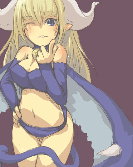 succubus (disgaea), disgaea, nippon ichi, 1girl, blonde hair, breasts, cleavage, demon girl, demon wings, female focus, horns, medium breasts, midriff, one eye closed, simple background, solo, wings, wink