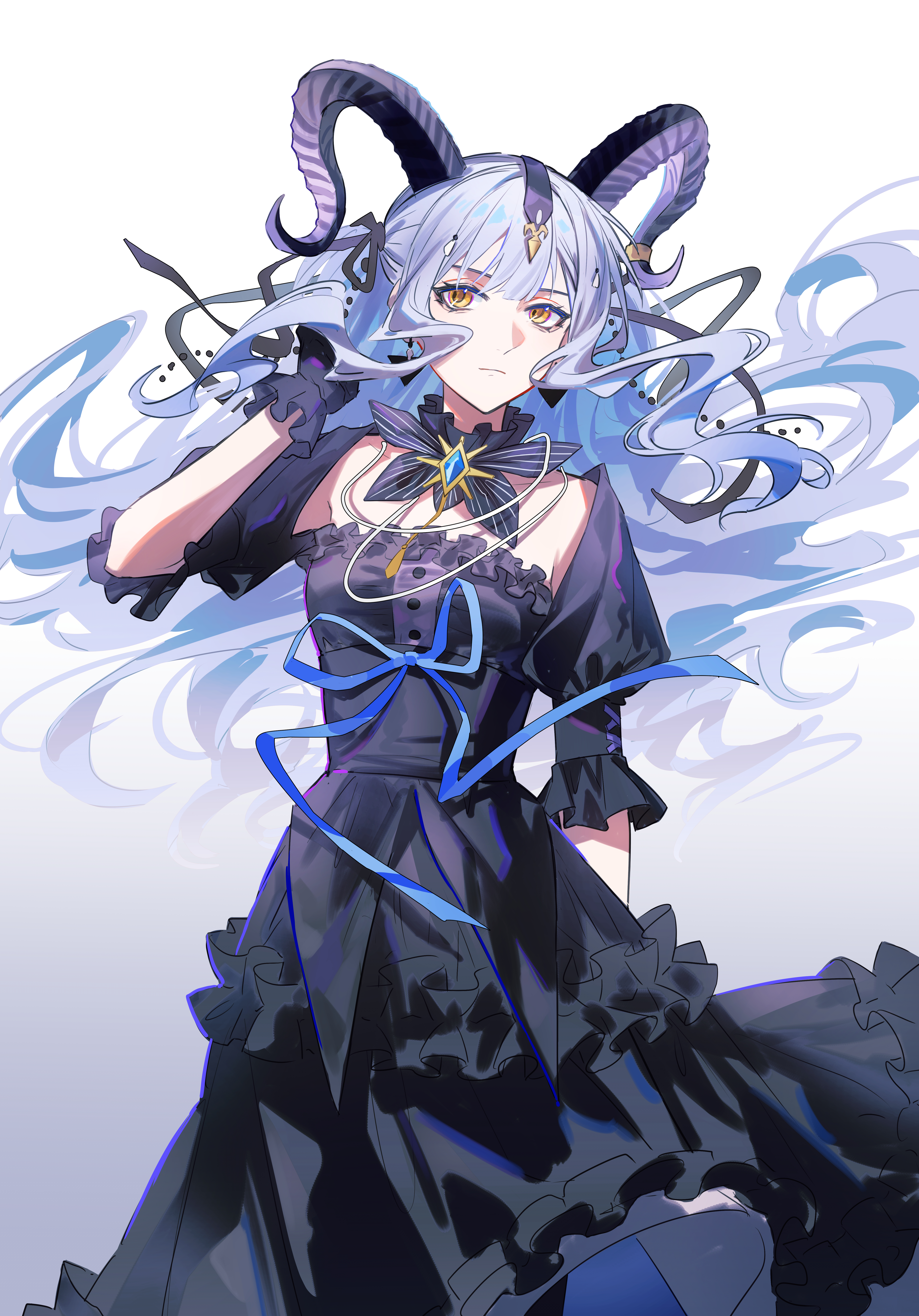 kongwuming, togawa sakiko, arknights, bang dream!, bang dream! it's mygo!!!!!, absurdres, highres, 1girl, black dress, black gloves, black horns, black ribbon, blue hair, blue ribbon, closed mouth, cowboy shot, curled horns, detached collar, dress, floating hair, frilled dress, frills, gloves, gradient background, hair ribbon, hand up, horns, long hair, looking at viewer, official alternate costume, ribbon, sidelocks, solo, standing, togawa sakiko (master of melodia), white background, yellow eyes