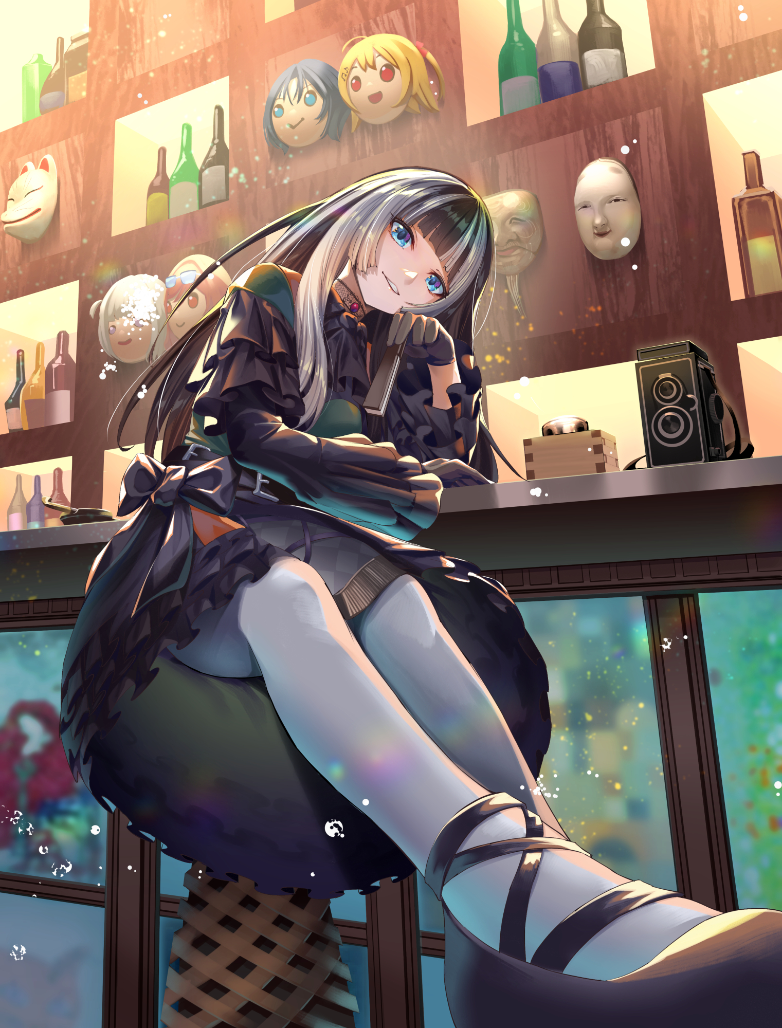 munaage, hiodoshi ao, ichijou ririka, juufuutei raden, juufuutei raden (1st costume), otonose kanade, todoroki hajime, hololive, hololive dev is, commentary request, highres, 1girl, bar (place), black choker, black dress, black gloves, black hair, black shoes, blue eyes, blunt bangs, character mask, choker, dress, frilled dress, frills, gloves, gothic lolita, green dress, grey hair, hand fan, head tilt, high heels, hime cut, holding, holding fan, indoors, lace, lace choker, lolita fashion, long hair, long sleeves, looking at viewer, mask, multicolored hair, on stool, pantyhose, parted lips, shoes, sitting, solo, straight hair, streaked hair, two-tone hair, virtual youtuber, white pantyhose