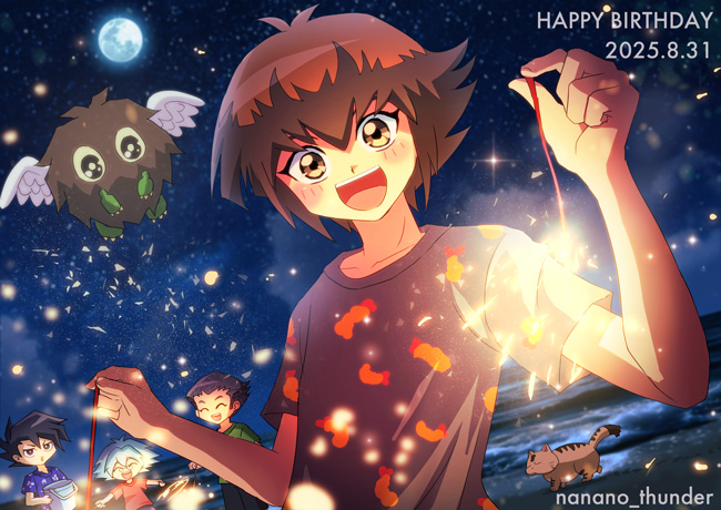 nanano thunder, manjoume jun, marufuji sho, misawa daichi, pharaoh (cat), winged kuriboh, yuki judai, yu-gi-oh!, yu-gi-oh! gx, angel wings, beach, blush, brown eyes, brown hair, duel monster, fireworks, full moon, happy, happy birthday, holding, holding fireworks, moon, night, night sky, open mouth, sky, sparkler, wings