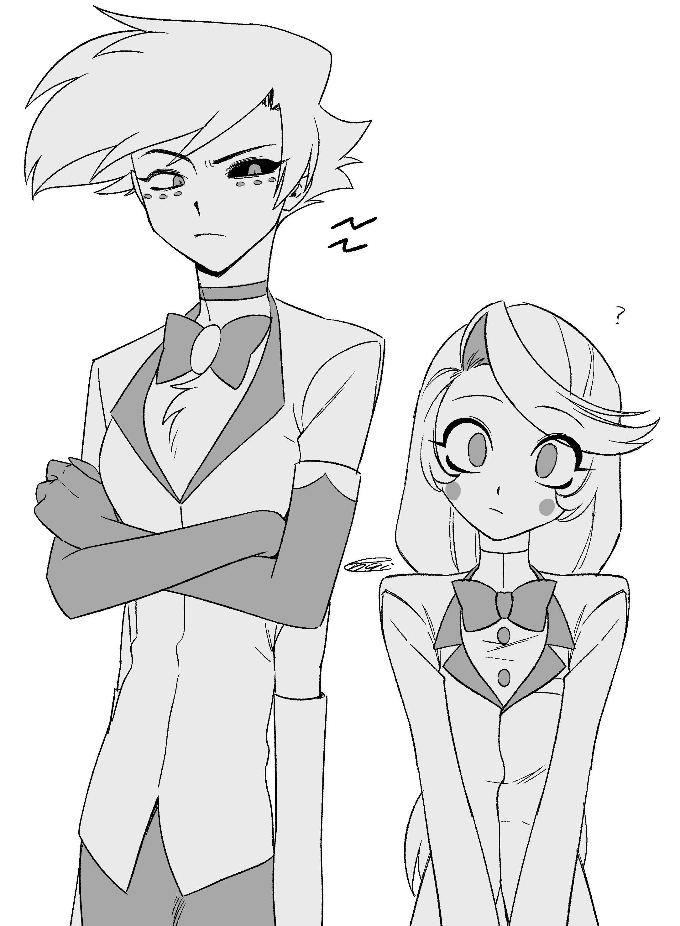 menma (enaic31), angel dust, charlie morningstar, hazbin hotel, hellaverse, absurdres, commentary request, highres, 1boy, 1girl, bow, bowtie, choker, circle facial mark, closed mouth, cowboy shot, crossed arms, curtained hair, elbow gloves, extra arms, facial mark, frown, gloves, height difference, humanization, jacket, lapels, long hair, long sleeves, looking at another, looking at viewer, mismatched sclera, no pupils, notched lapels, raised eyebrow, raised eyebrows, shirt, short hair, signature, simple background, standing, swept bangs, traditional bowtie, upper body, v arms, white background, wide-eyed