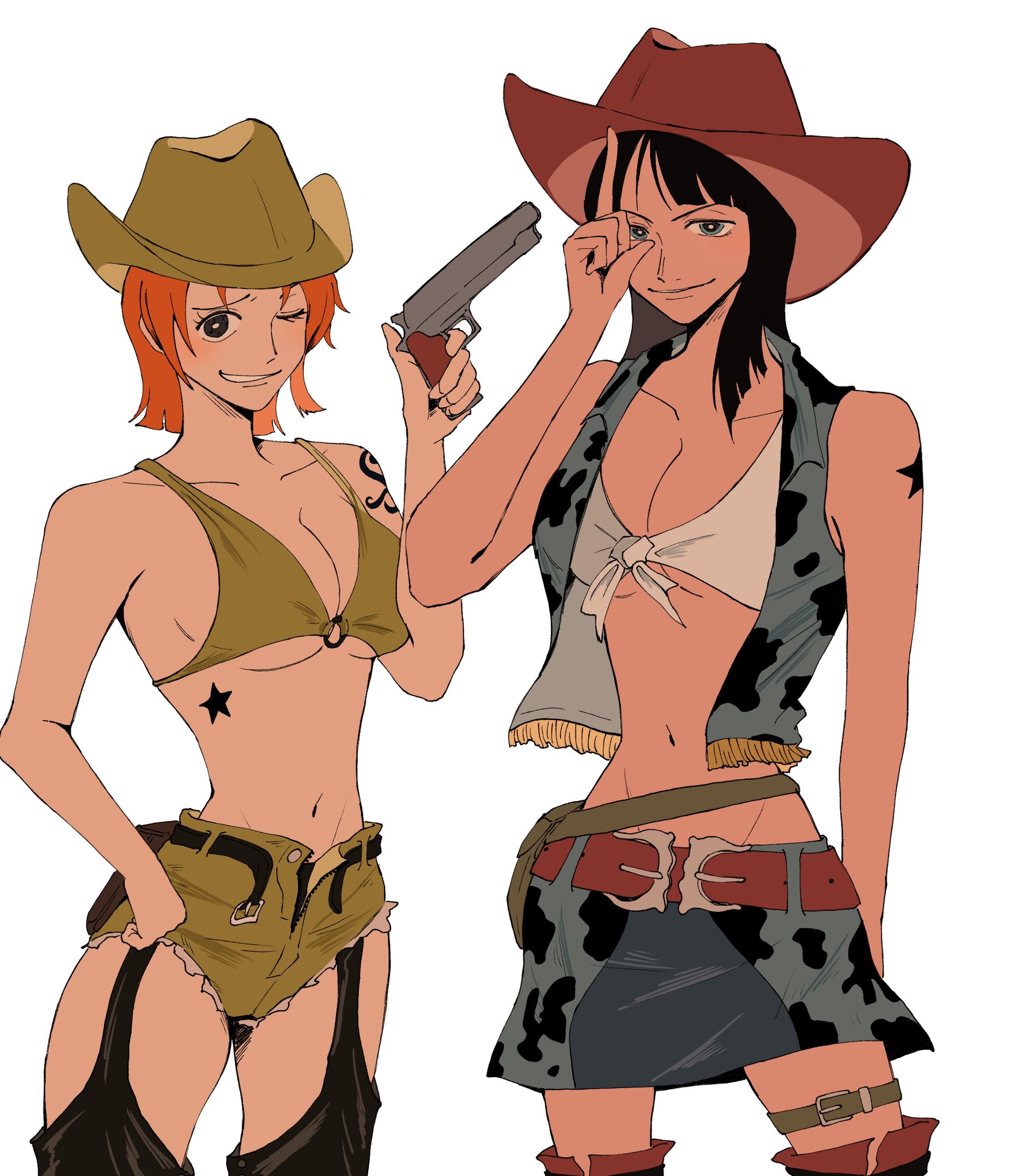 nami (one piece), nico robin, one piece, highres, 2girls, a maru 8911, arm tattoo, black hair, cowboy hat, cowboy shot, gun, hat, holding, holding gun, holding weapon, looking at viewer, medium hair, multiple girls, navel, one eye closed, orange hair, short hair, shorts, simple background, smile, tattoo, vest, weapon, white background
