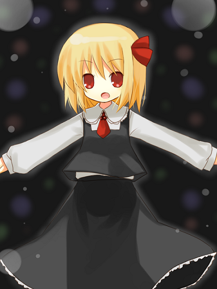 yuzuki (yuduame), rumia, embodiment of scarlet devil, touhou, 1girl, blonde hair, female focus, hair ribbon, necktie, outstretched arms, red eyes, ribbon, short hair, solo, spread arms