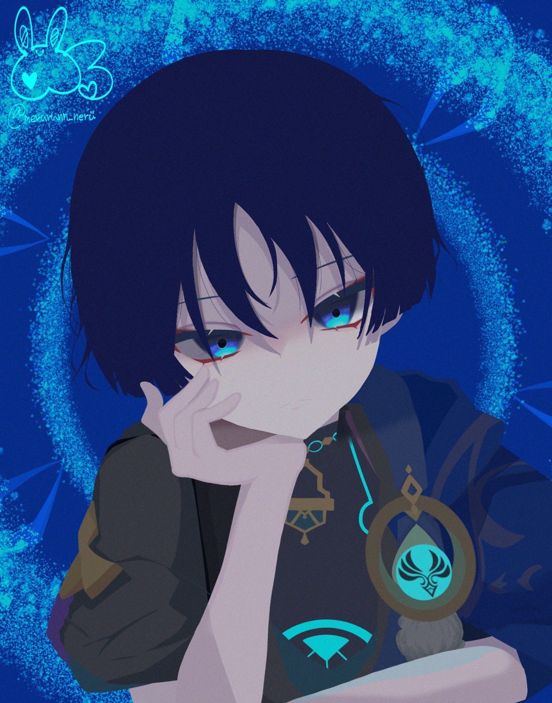 scaramouche (genshin impact), wanderer (genshin impact), genshin impact, highres, 1boy, anemo symbol (genshin impact), black bodysuit, black kimono, black sleeves, blue background, blue cape, blue eyes, blue gemstone, blue hair, blue halo, blue kimono, blunt ends, bodysuit, cape, closed mouth, dark persona, expressionless, eyelashes, eyeliner, eyeshadow, gem, glowing gem, grey trim, halo, halo behind head, hand on own face, head rest, japanese clothes, juban, kana40830, kimono, leaning to the side, looking at viewer, magic circle, makeup, male focus, pom pom (clothes), red eyeliner, red eyeshadow, shoulder peek, solo, twitter username, upper body, vision (genshin impact), wispy bangs