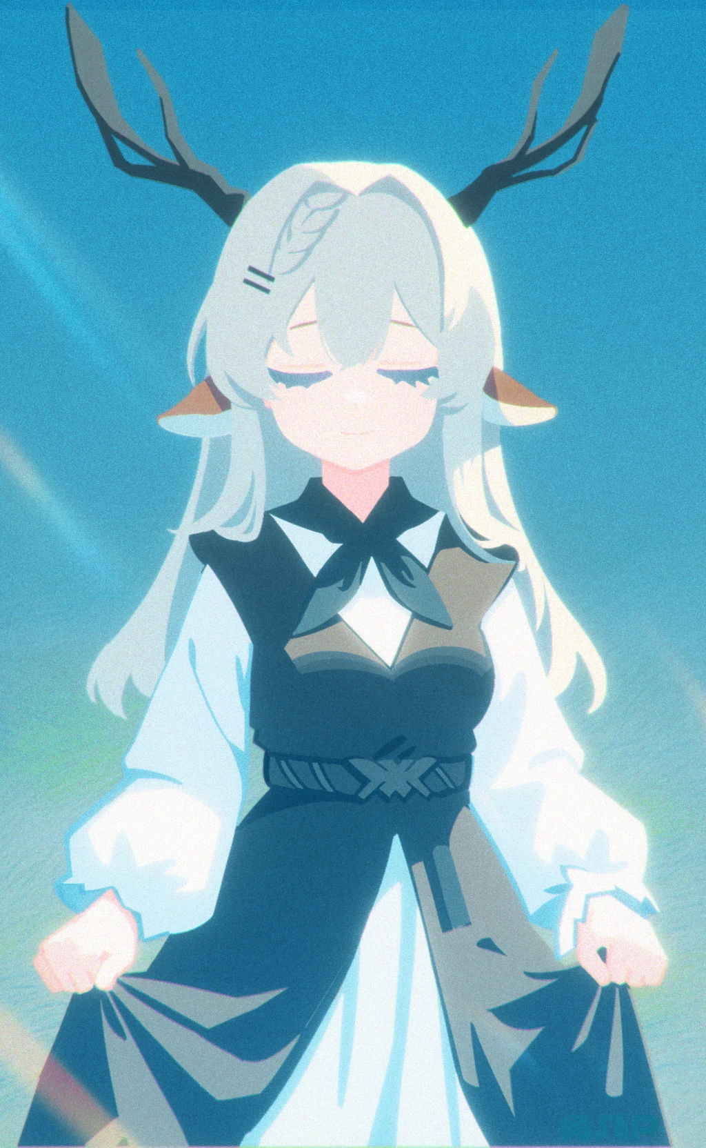 tuji p, alina (arknights), arknights, highres, 1girl, animal ears, antlers, black dress, blue background, blue sky, breasts, closed eyes, closed mouth, cowboy shot, deer antlers, deer ears, deer girl, dress, facing viewer, film grain, grey hair, horns, long hair, long sleeves, medium breasts, neckerchief, puffy long sleeves, puffy sleeves, shirt, skirt hold, sky, smile, solo, standing, white shirt