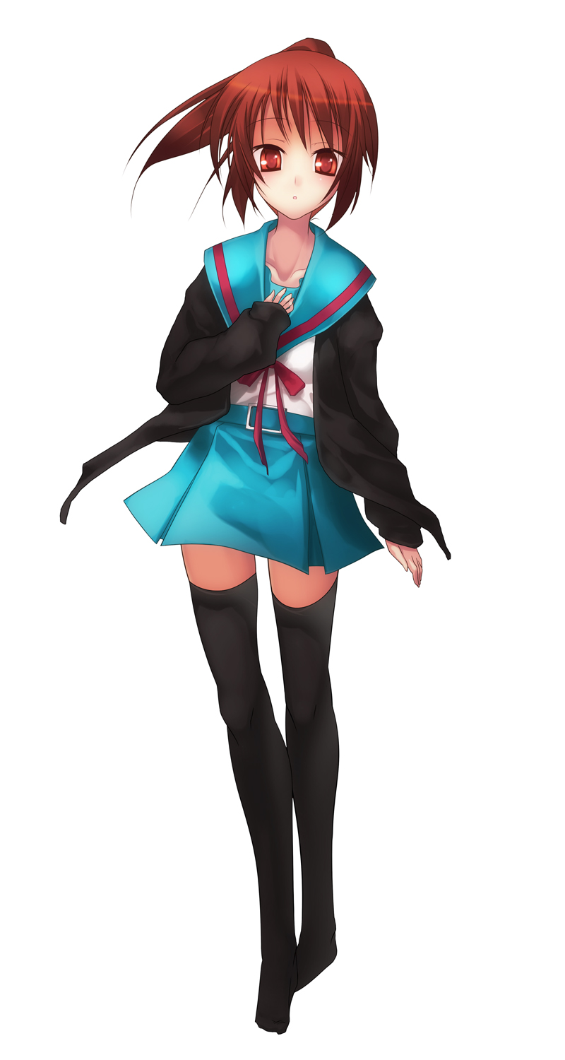 coffee cat, kyon, kyonko, suzumiya haruhi no yuuutsu, gender request, highres, 00s, 1girl, female focus, full body, genderswap, legs, ponytail, school uniform, serafuku, simple background, solo, thighhighs, zettai ryouiki