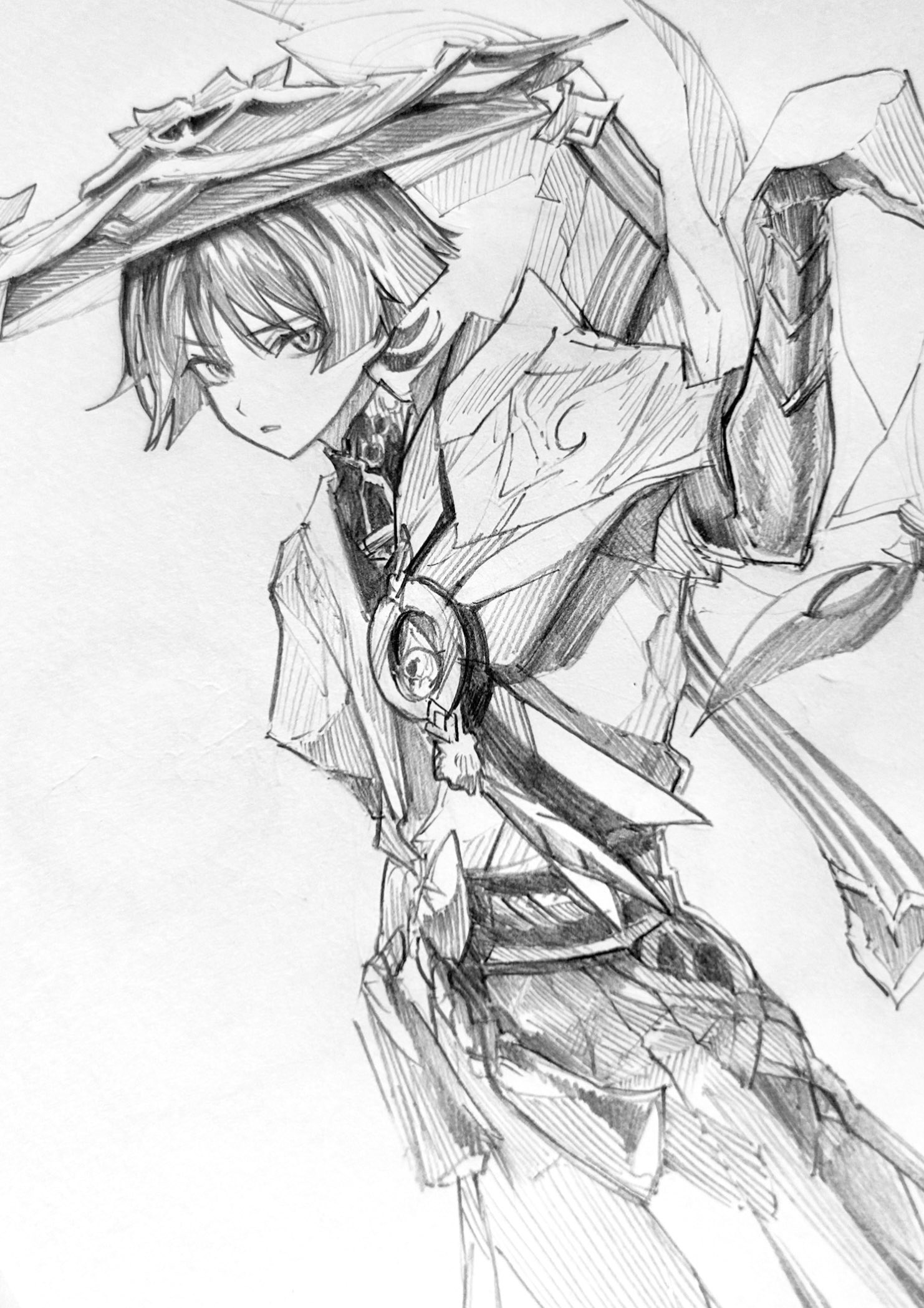 bosonn 13, scaramouche (genshin impact), wanderer (genshin impact), genshin impact, graphite (medium), highres, traditional media, 1boy, armor, blunt ends, bodysuit, bow, bridal gauntlets, cape, clothing cutout, cowboy shot, feathers, gem, grey background, greyscale, hakama, hakama shorts, hand up, hat, hatching (texture), hip vent, japanese armor, japanese clothes, jingasa, kimono, kote, linear hatching, looking at viewer, male focus, mandarin collar, monochrome, parted lips, pleated shorts, pom pom (clothes), rope, sash, shorts, sketch, solo, tassel, tsurime, vision (genshin impact), wispy bangs