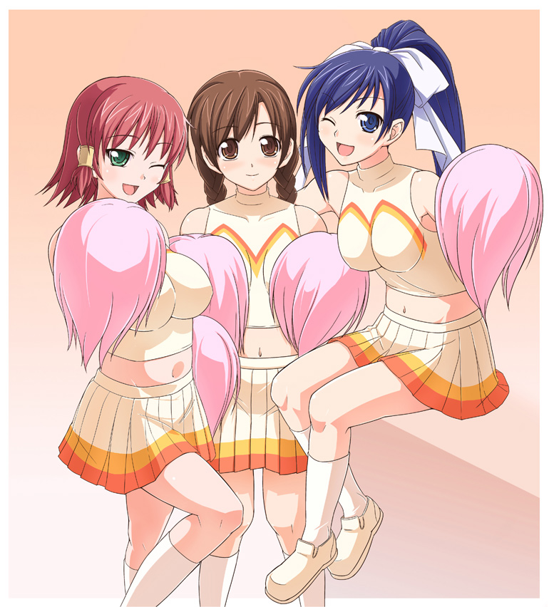 e20, clala, ruquia, yuri (quiz magic academy), quiz magic academy, bare shoulders, blue eyes, blue hair, braid, brown eyes, brown hair, cheerleader, green eyes, kneehighs, long hair, midriff, pom pom (cheerleading), ponytail, red hair, short hair, skirt, sleeveless, sleeveless turtleneck, socks, turtleneck, twin braids