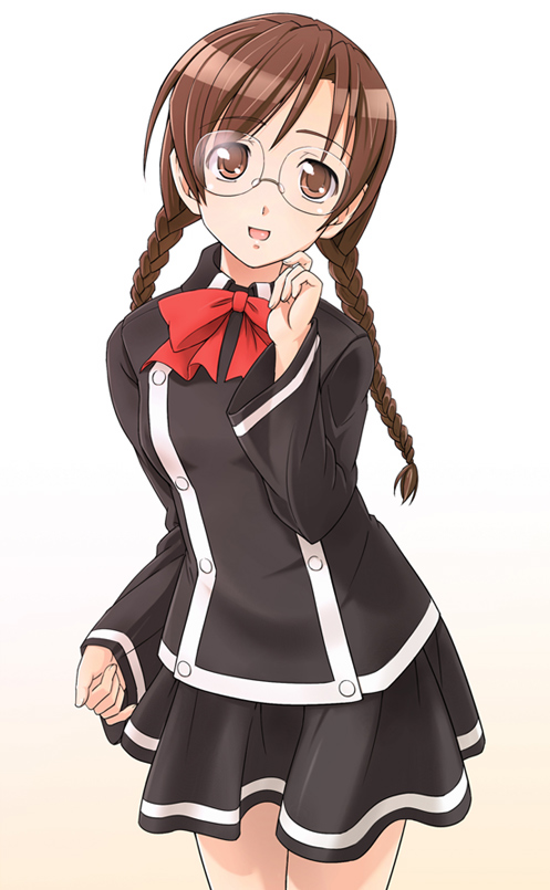 e20, clala, quiz magic academy, bow, bowtie, braid, brown eyes, brown hair, glasses, open mouth, ribbon, school uniform, serafuku, skirt, solo, twin braids