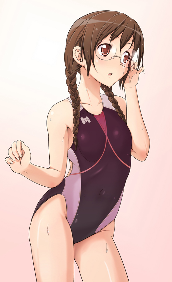 e20, clala, quiz magic academy, 1girl, braid, competition swimsuit, female focus, glasses, highleg, highleg one-piece swimsuit, one-piece swimsuit, single vertical stripe, solo, swimsuit, twin braids, wet