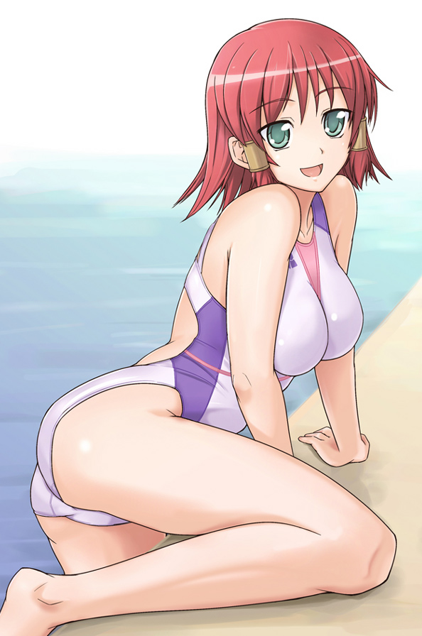 e20, ruquia, quiz magic academy, 1girl, barefoot, competition swimsuit, female focus, green eyes, one-piece swimsuit, pool, poolside, red hair, short hair, solo, swimsuit