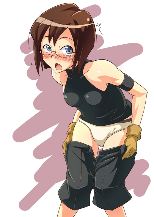 e20, kinon bachika, tengen toppa gurren lagann, 00s, blue eyes, blush, brown hair, dressing, glasses, gloves, panties, short hair, surprised, underwear, undressing