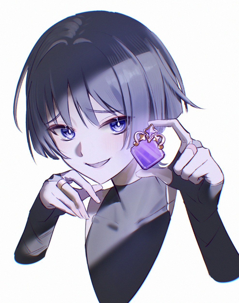fuli (narumiyafuri), scaramouche (genshin impact), wanderer (genshin impact), genshin impact, highres, 1boy, armor, black bodysuit, black bridal gauntlets, blunt ends, bodysuit, bridal gauntlets, bright pupils, covered collarbone, cropped torso, disembodied hand, eyeliner, eyeshadow, gold ring, grey hair, holding, japanese armor, kote, kurokote, light blush, makeup, male focus, masterless stella fortuna (genshin impact), middle ring, open mouth, purple eyes, raised eyebrows, red eyeliner, red eyeshadow, shoulder peek, smile, solo, tsurime, turtleneck, turtleneck bodysuit, white background, white pupils, wispy bangs