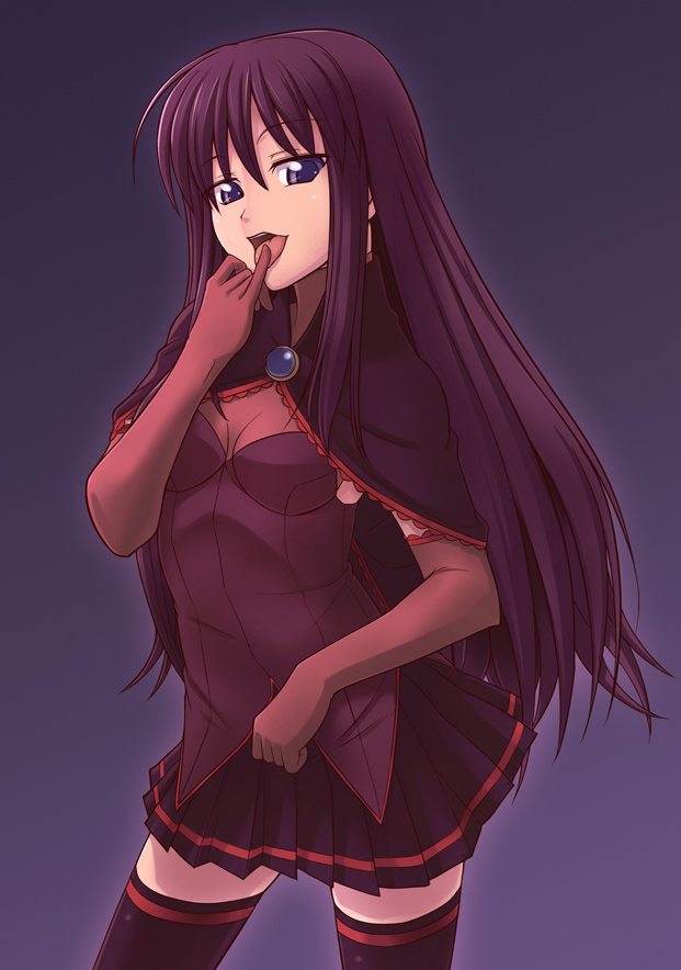 e20, malariya, quiz magic academy, 1girl, blue eyes, breasts, cape, cleavage, elbow gloves, female focus, gloves, licking, licking finger, long hair, purple hair, small breasts, solo, stole, thighhighs, zettai ryouiki
