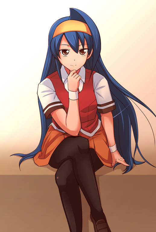 e20, tsuzura saki, arcana heart, blue hair, long hair, pantyhose, school uniform