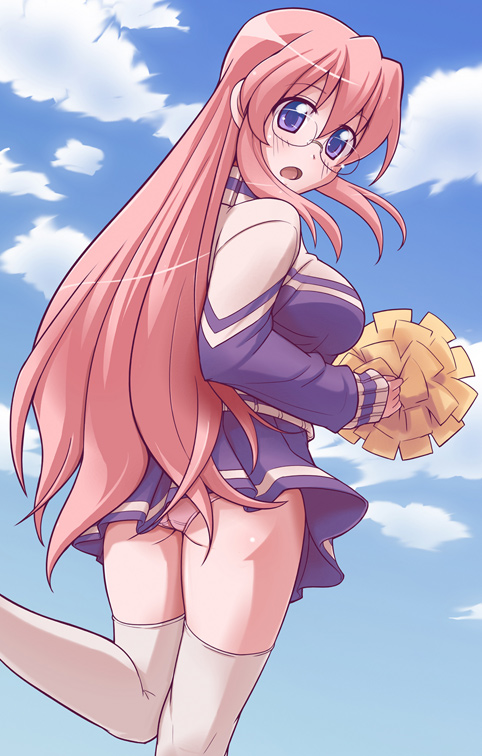 e20, takara miyuki, lucky star, 00s, cheerleader, glasses, panties, pom pom (cheerleading), solo, thighhighs, underwear, upskirt