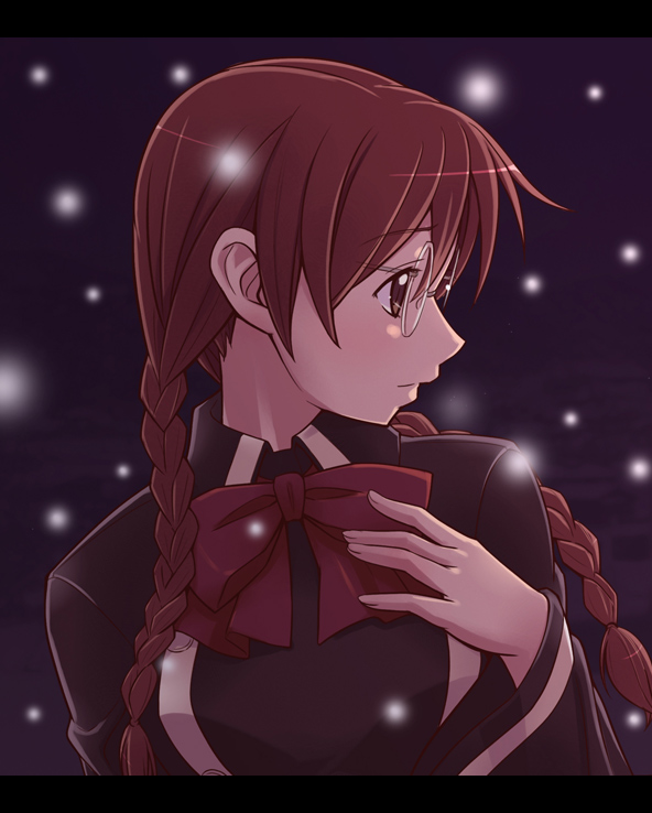 e20, clala, quiz magic academy, looking away, 1girl, braid, female focus, glasses, hand on own chest, light smile, snow, solo, twin braids