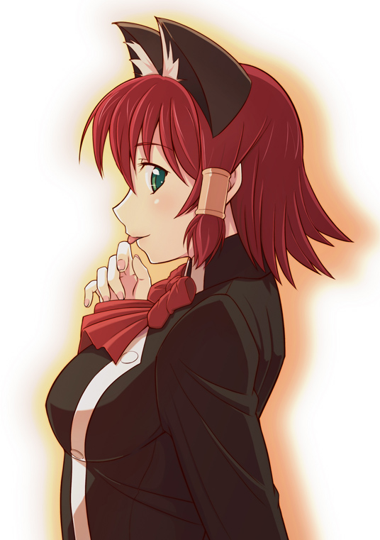 e20, ruquia, quiz magic academy, 1girl, animal ears, bob cut, cat ears, female focus, green eyes, looking back, red hair, short hair, solo, tongue