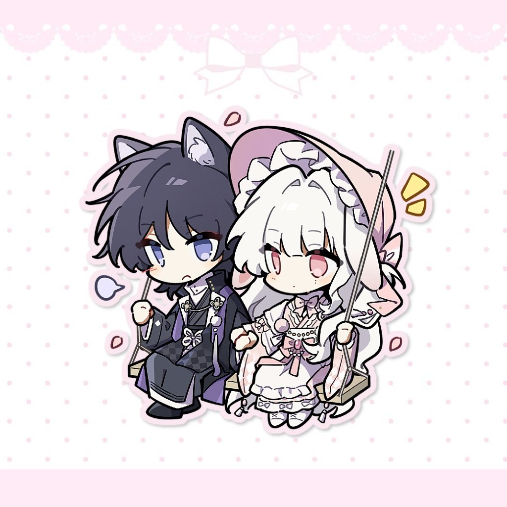 scaramouche (genshin impact), genshin impact, original, artist request, commission, second-party source, 1boy, 1girl, absurdly long hair, alternate costume, animal ear fluff, animal ears, apron, black coat, black hair, black kimono, black shoes, black sleeves, black vest, blank speech bubble, blunt bangs, blunt ends, blush, bow, bowtie, cat ears, chibi, chinese knot, clenched hand, closed mouth, coat, commissioner insert, couple, ears down, eyeliner, eyeshadow, falling petals, gem, hair intakes, hand up, haori himo, hayami momo (hayamimomo), hetero, holding hands, japanese clothes, jinbaori, kimono, lapels, long hair, long sleeves, makeup, oc x canon, on swing, open clothes, open mouth, open vest, petals, pink bow, pink bowtie, pink eyes, pink gemstone, pink kimono, pink petals, pink sleeves, purple eyes, rabbit ears, red eyeliner, red eyeshadow, shirt, shoes, sitting, speech bubble, stole, swing, turtleneck, turtleneck shirt, very long hair, vest, waist apron, white apron, white shirt, white shoes, wide sleeves, wispy bangs