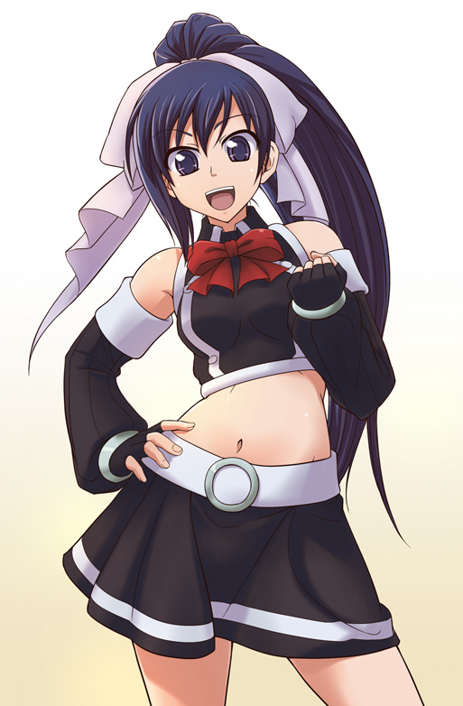 e20, yuri (quiz magic academy), quiz magic academy, 1girl, :d, belt, black gloves, black skirt, blue eyes, blue hair, blush, buckle, contrapposto, elbow gloves, female focus, fingerless gloves, gloves, hand on own hip, long hair, looking at viewer, matching hair/eyes, midriff, navel, open mouth, pleated skirt, ponytail, purple eyes, ribbon, skirt, smile, solo, standing, stomach, tareme