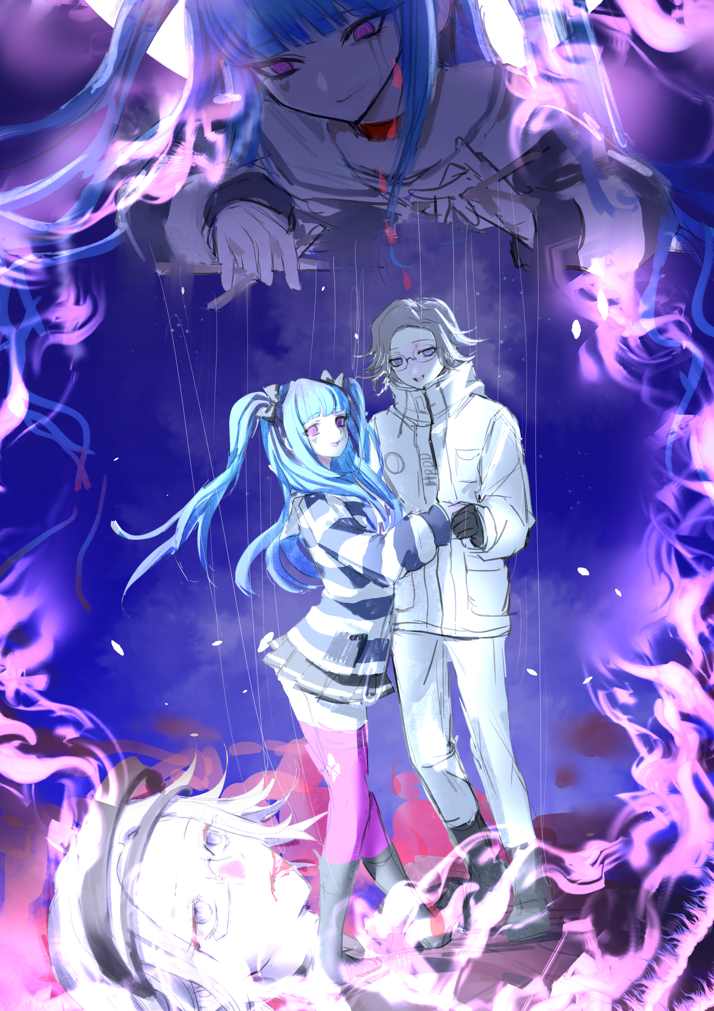 threyes, amemiya darumi, aotsuki eito, the hundred line -last defense academy-, absurdres, commentary request, highres, spoilers, 2boys, 2girls, :d, black boots, black gloves, black hair, black skirt, blood, blood from mouth, bloody tears, blue hair, boots, bow, breast pocket, choker, clone, corpse, dual persona, fire, glasses, gloves, grey hair, hair bow, heart, holding hands, jacket, long hair, looking at viewer, makeup, multicolored hair, multiple boys, multiple girls, open mouth, pants, pink eyes, pink thighhighs, pocket, puppet strings, purple eyes, purple fire, red choker, runny makeup, shirt, short hair, skirt, smile, striped clothes, striped shirt, teeth, thighhighs, twintails, upper teeth only, white jacket, white pants