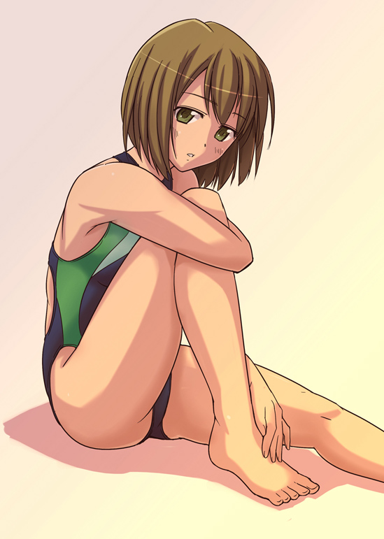 e20, armpits, barefoot, brown eyes, brown hair, competition swimsuit, feet, one-piece swimsuit, short hair, sitting, swimsuit