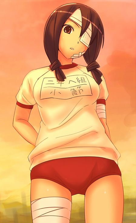 e20, kobushi abiru, sayonara zetsubou sensei, 00s, bandage over one eye, bandages, braid, buruma, eyepatch, gym uniform, solo, twin braids