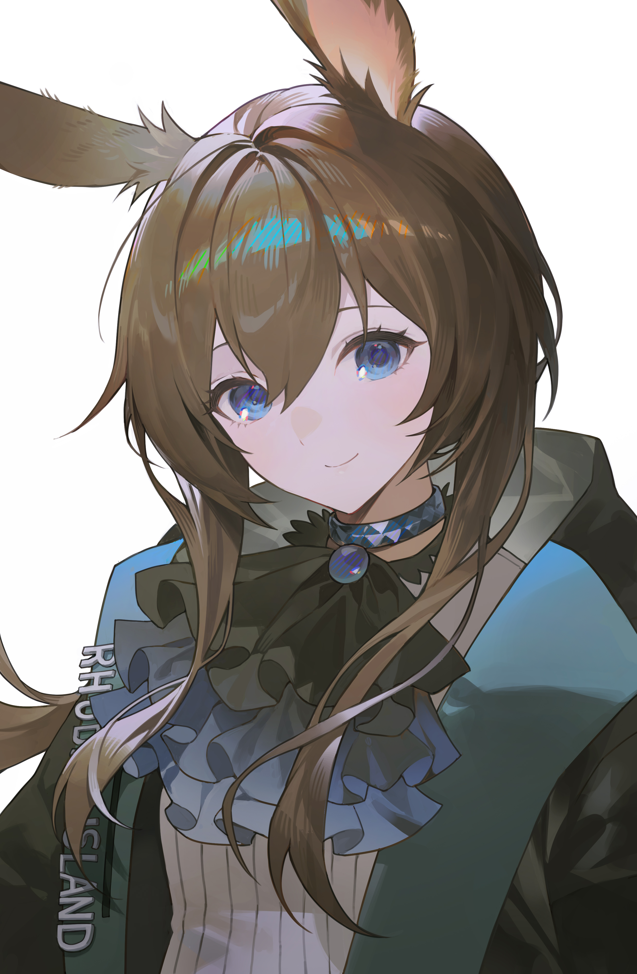 somok, amiya (arknights), arknights, absurdres, commentary, highres, revision, 1girl, animal ears, ascot, black ascot, black jacket, blue ascot, blue collar, blue eyes, brown hair, closed mouth, collar, hair between eyes, jacket, long hair, looking at viewer, open clothes, open jacket, ribbed sweater, simple background, smile, solo, sweater, upper body, white background, white sweater
