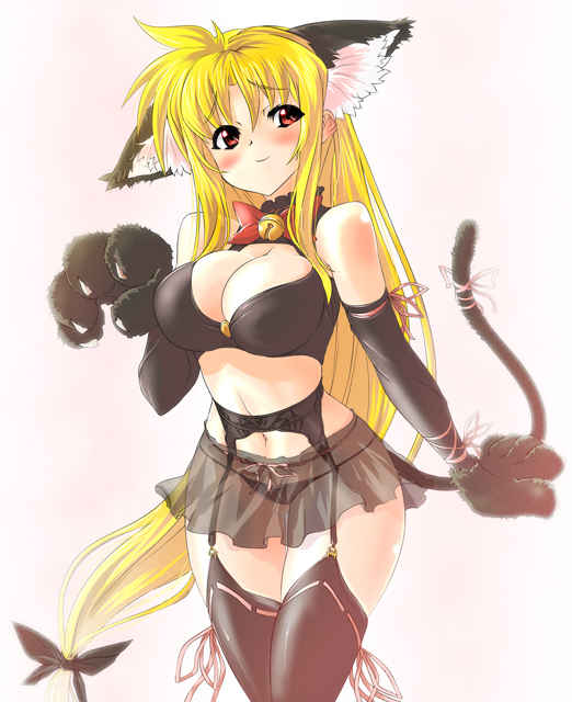 nekomamire, fate testarossa, lyrical nanoha, mahou shoujo lyrical nanoha, mahou shoujo lyrical nanoha strikers, 00s, 1girl, animal ears, animal hands, bell, blonde hair, blush, bra, breasts, cat ears, cat tail, choker, cleavage, curvy, female focus, garter belt, gloves, jingle bell, large breasts, lingerie, long hair, low-tied long hair, panties, paw gloves, red eyes, see-through clothes, solo, tail, thighhighs, underwear, very long hair