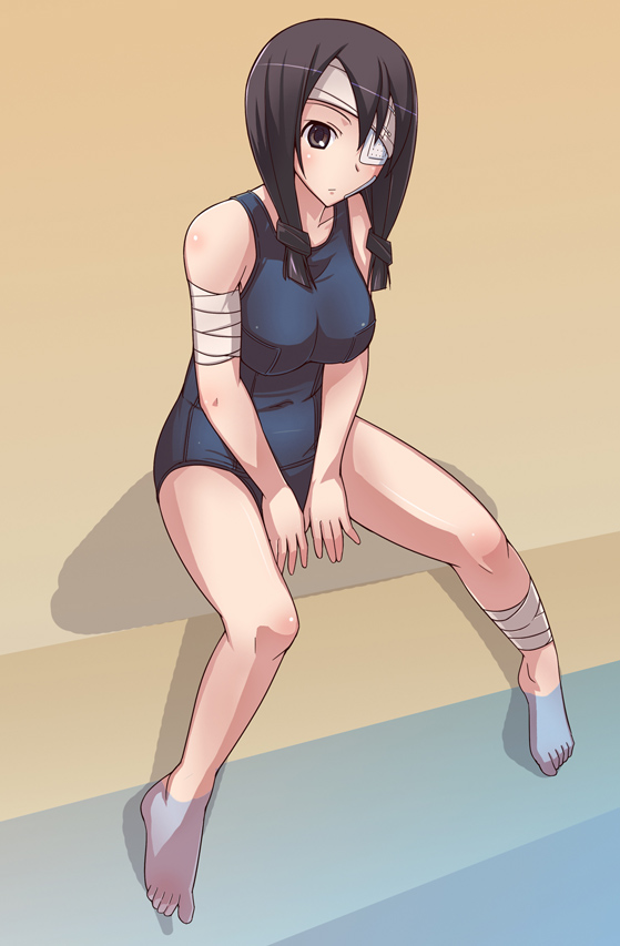 e20, kobushi abiru, sayonara zetsubou sensei, 00s, 1girl, bandage over one eye, bandages, barefoot, black one-piece swimsuit, braid, breasts, eyepatch, feet, female focus, large breasts, one-piece swimsuit, school swimsuit, sitting, soaking feet, solo, swimsuit, twin braids, water