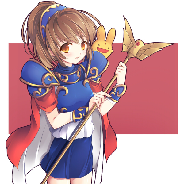 kage (artist), sasakage, arle nadja, carbuncle (puyopuyo), madou monogatari, puyopuyo, puyopuyo n, bad id, bad pixiv id, 1girl, :d, armor, armored dress, blue skirt, brown eyes, brown hair, creature, dress, female focus, half updo, open mouth, short hair, skirt, smile, solo, wand, wrist cuffs