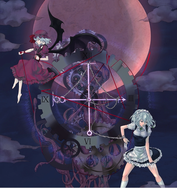 hajim, izayoi sakuya, remilia scarlet, touhou, bad id, bad pixiv id, 2girls, breasts, dress, female focus, hat, maid, multiple girls, outdoors, sky, wings