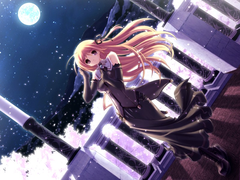 tsurugi hagane, eight chigusa tree, yachigusa itsuki, natural another one 2nd belladonna, game cg, 1girl, adjusting hair, black dress, boots, cherry blossoms, dress, dutch angle, elbow gloves, female focus, gloves, long hair, moon, night, orange hair, purple eyes, sky, solo