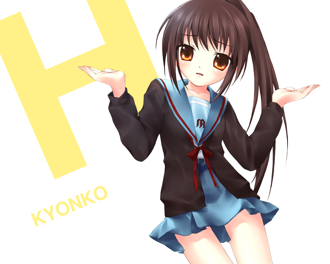 kimishima ao, kyon, kyonko, suzumiya haruhi no yuuutsu, gender request, 00s, 1girl, female focus, genderswap, ponytail, school uniform, serafuku, solo