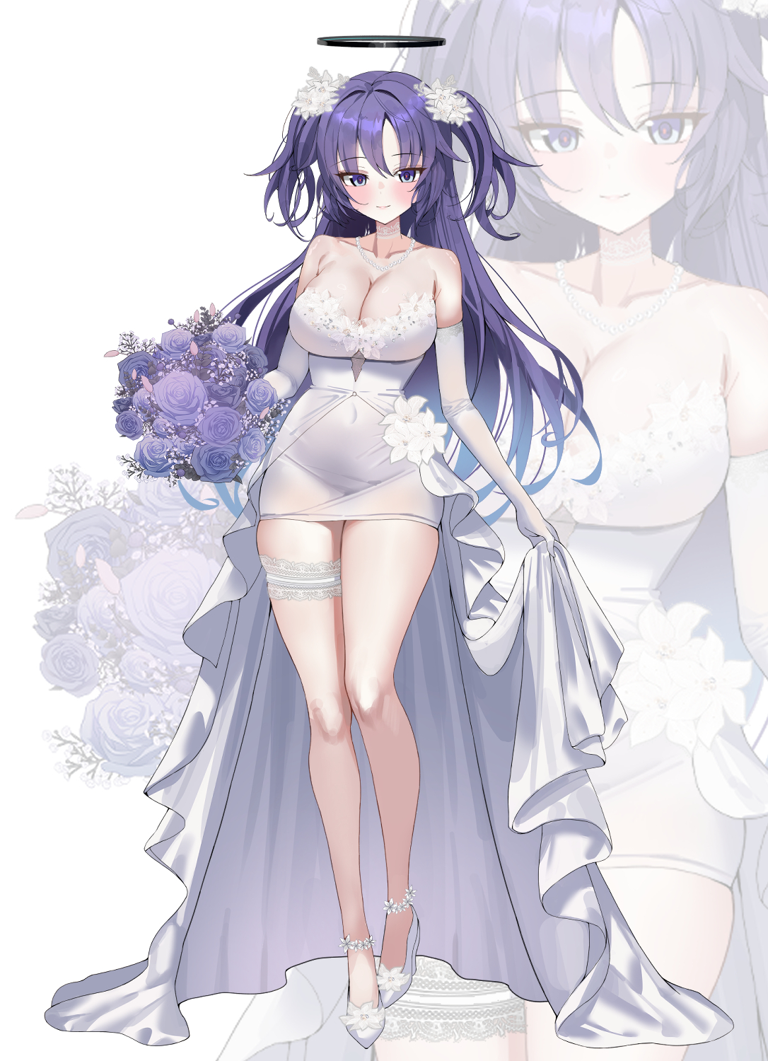 mango (mango0208), yuuka (blue archive), blue archive, commentary request, highres, 1girl, bare shoulders, black halo, blue eyes, blue hair, blush, bouquet, breasts, cleavage, closed mouth, dress, elbow gloves, flower, frilled thigh strap, gloves, hair ornament, halo, high heels, holding, holding bouquet, large breasts, legs, long hair, looking at viewer, mechanical halo, purple flower, purple rose, rose, simple background, skindentation, skirt hold, smile, standing, thigh strap, thighs, two side up, wedding dress, white background, white dress, white gloves, zoom layer