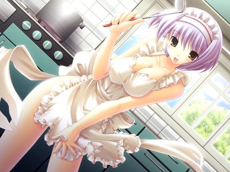tsurugi hagane, suzuri aoba, natural another one 2nd belladonna, light purple hair, game cg, 1girl, apron, blue hair, bonnet, breasts, cleavage, dutch angle, female focus, indoors, kitchen, ladle, large breasts, maid headdress, naked apron, nature, short hair, sky, smile, solo, window, yellow eyes