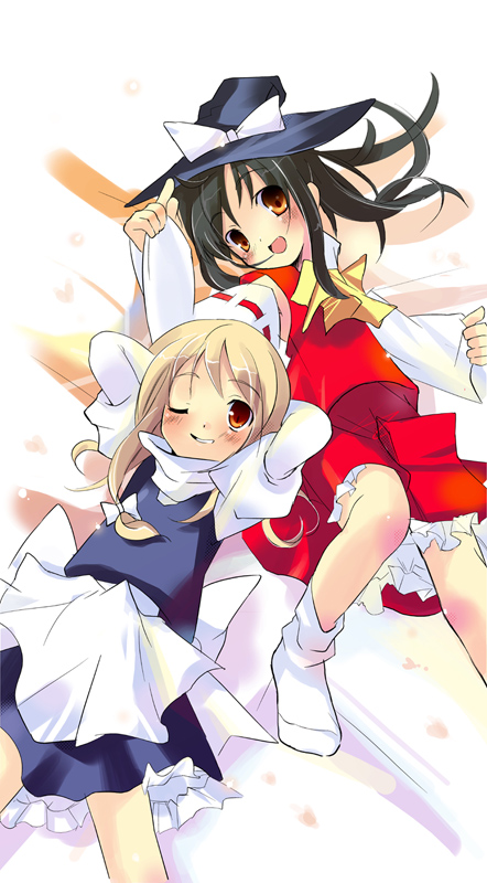 takashina masato, hakurei reimu, kirisame marisa, touhou, 2girls, blonde hair, blush, borrowed clothes, female focus, from above, happy, hat, headwear switch, lying, multiple girls, on back, one eye closed, smile, socks, wink