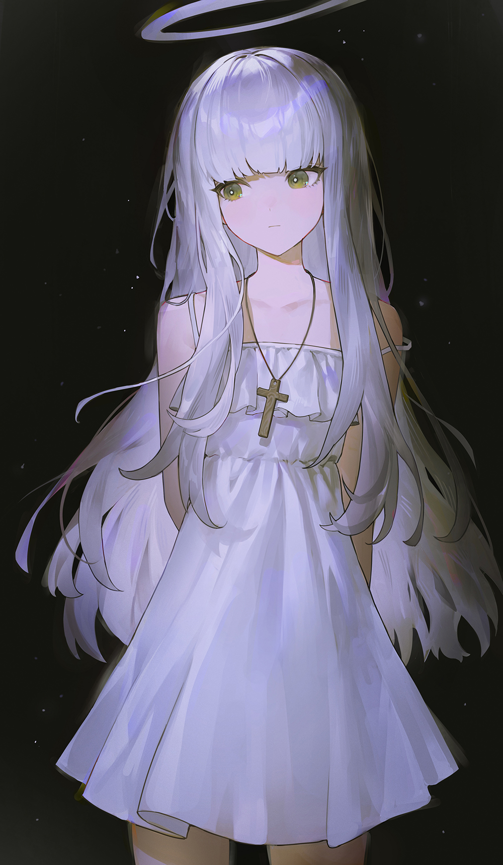 somok, original, commentary, highres, 1girl, arms behind back, bare arms, bare shoulders, black background, blunt bangs, closed mouth, collarbone, cowboy shot, cross, cross necklace, dress, green eyes, halo, jewelry, long hair, looking to the side, necklace, sleeveless, sleeveless dress, solo, strap slip, white dress, white hair, white halo