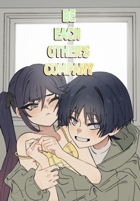 ysnden, mona (genshin impact), scaramouche (genshin impact), genshin impact, 1boy, 1girl, alternate costume, alternate universe, aqua eyes, black hair, blunt ends, blush, camisole, casual, clenched hands, closed mouth, contemporary, cover, english text, eyelashes, fingernails, gradient hair, green hood, green jacket, green sleeves, grey eyes, hair tie, hands up, head on another's shoulder, hetero, holding another's wrists, hood, hood down, hooded jacket, hug, hug from behind, indoors, jacket, long hair, long sleeves, looking at another, looking at viewer, multicolored hair, off shoulder, one eye closed, open mouth, pink hair, shirt, sidelocks, smirk, spaghetti strap, tsurime, undershirt, white mouth, white shirt, window, yellow camisole