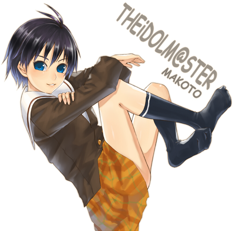 nidy, kikuchi makoto, idolmaster, idolmaster (classic), idolmaster 1, 00s, antenna hair, black hair, blue eyes, feet, plaid clothes, plaid skirt, school uniform, serafuku, short hair, skirt, smile, socks