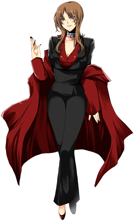 jemini, roh nam kyung, original, bad id, bad pixiv id, 1girl, black suit, blue eyes, brown hair, choker, coat, female focus, formal clothes, pant suit, pants, red coat, red shirt, shirt, solo, suit