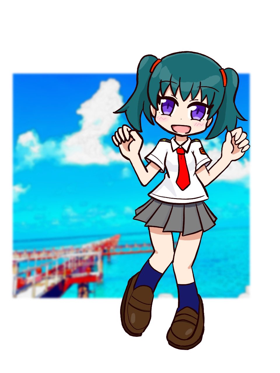 honjou mikaze, stratos 4, artist request, 1girl, :o, aqua hair, blush, breasts, chibi, full body, long hair, open mouth, outdoors, purple eyes, school uniform, socks, twintails