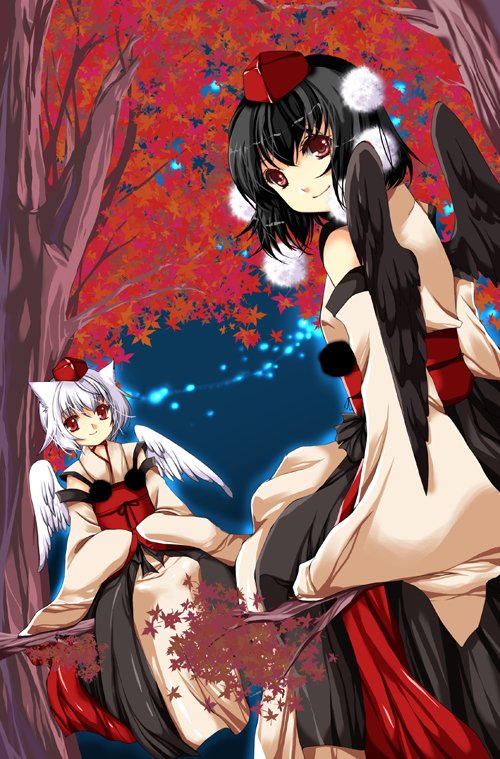 jemini, roh nam kyung, inubashiri momiji, shameimaru aya, touhou, bad id, bad pixiv id, 2girls, alternate costume, animal ears, black hair, black wings, female focus, hat, japanese clothes, multiple girls, red eyes, white hair, wings, wolf ears